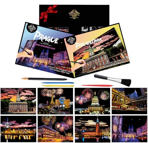 8 Sheets Rainbow Scratch Art City Scapes of USA Europe Scratch Paper Foil Art for Adults (A4) Colorful Sketches Scratch Off Coloring Book Gift for Travel Lovers Family Friends （USA and Europe Series）