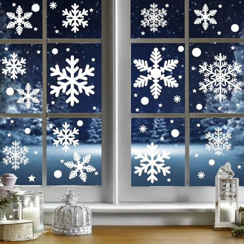 Zindoo Large Size Christmas Window Stickers 35x25cm, 228Pcs Reusable Snow Flakes Stickers 6 Sheets, Removable Static Christmas Snowflakes Window Clings for Christmas Window Decorations Party