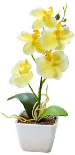 Hperu Orquídea en Maceta Realista de 10.6 Pulgadas Amarillo con 5 Flores Artificiales para la decoración de Bodas de la Oficina en casa, Flores Artificiales de orquídeas