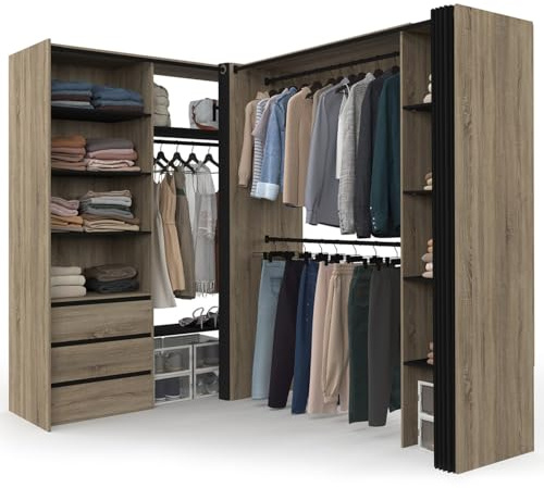 IDMarket - Armario extensible de esquina MARLON 200 x 150 x 180 cm, color haya, con perchas + cajones + estanterías + cortinas negras