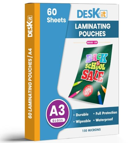 Deskit A3 Laminating Pouches, Glossy, 60 Sheets, 150 Microns - Clear and Durable Presentations - Ideal Rigidity for Everyday Use