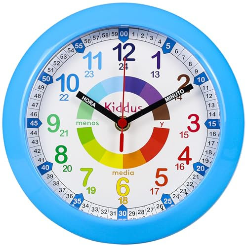 KIDDUS Orologio da Parete Didattico per Bambini, Ragazzi. Analogico. Con Esercizi per Imparare a Leggere l’Ora. Movimento al Quarzo Silenzioso. ESPAÑOL AZUL
