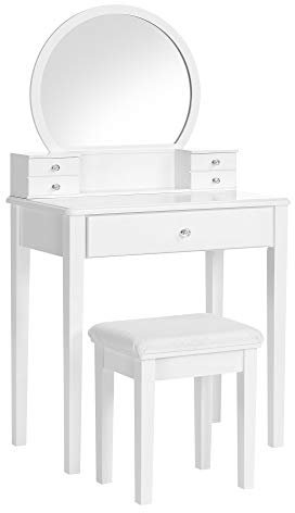 VASAGLE Schminktisch-Set, Frisiertisch, mit Spiegel, modern, gepolsterter Hocker, 5 Schubladen, 70 x 40 x 134 cm, Geschenkidee, weiß RDT152W01