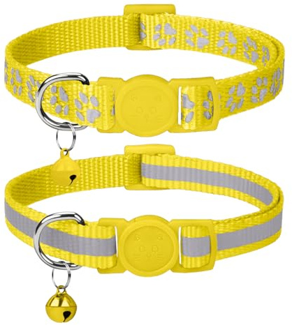 Taglory Reflective Cat Collar Breakaway with Bell, High Visibility Night Strip, Lightweight Adjustable Nylon Collar for Boy Girl Cats, 2 Pack, 7.5-12.5 Inch, Yellow