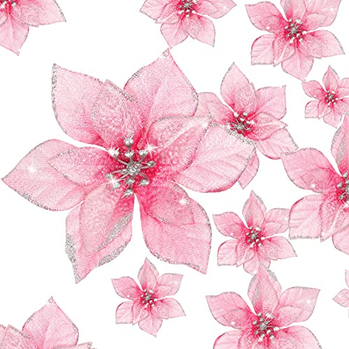 WILLBOND Fleurs de Poinsettia de Paillettes de Noël Fleurs Artificielles de Paillettes de Mariage Ornements de Spain de Noël du Nouvel an (Rose Rouge, 24)
