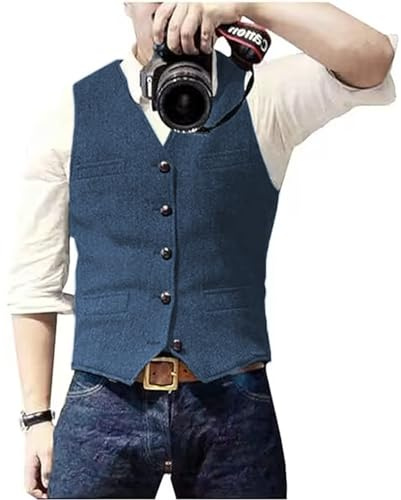Solovedress Gilet Uomo Casual in Lana con Motivo a Spina di Pesce, Gilet da Sposo in Tweed con Scollo a V per Testimone di Nozze, Blu, M