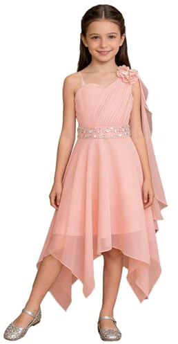 Freebily Robe de Mariage Enfant Fille Fleur Eté Robe Demoiselle d'honneur Fête Anniversaire Une Epaule Dos Nue 5-16 Ans Rose 13-14 Ans