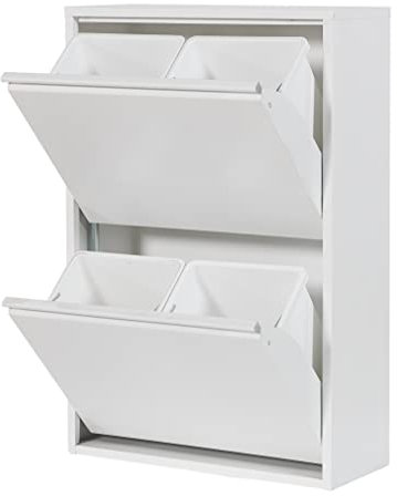 Atahome Recycling Bins for Kitchen Metal Slim Trash Bin Cabinet 4 Bins Plastic Buckets with Metal Handles, 4x15 Litres Bin Divider Storage Organiser, Sturdy Rubbish Bin Didyma 2+2 Drawer (White)