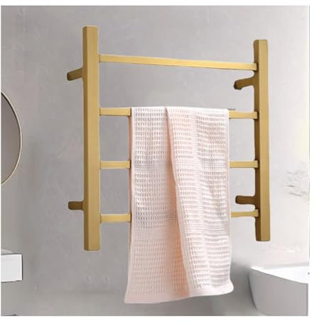 Radiador Toallero Eléctrico Baño Oro, Secatoallas Electrico Pared Acero Inoxidable con Interruptor Metálico, 4 Barras Calentador de Toallas con Control Termostático,Plug In