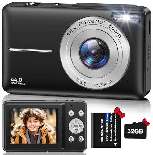 Cámara de Fotos con Tarjeta SD de 32 GB, Cámara Digital HD 1080P 44MP, Camara Fotos Digital, Recargable Camara Digital con Zoom 16X, Camara Digitales Compacta para Niño, Adulto, Adolescentes(Negro)