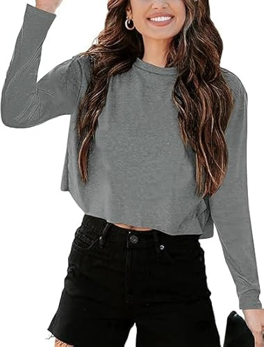 Imily Bela Maglietta a maniche lunghe da donna Cropped T Shirts Casual Loose Girocollo Crop Tops Oberteile Basic Tees Shirts., grigio., S