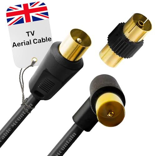 1m TV Aerial Cable - Right Angled Plug with Adapter - Male To Male Gold Plated RF Tv Cable - Antenna AV Lead for Freeview, Freesat, Tv Antenna Extension - Black