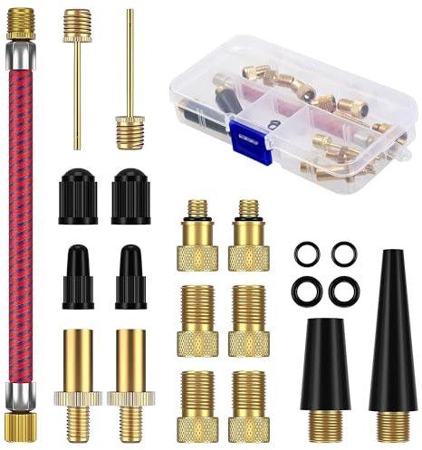Fahrrad Ventil Adapter Set, Französisch Ventil Adapter, SV DV AV Fahrrad Adapter mit Sortierkasten, Auto Ventil Adapter für Luftpumpe, Kugelnadel und Kompressor