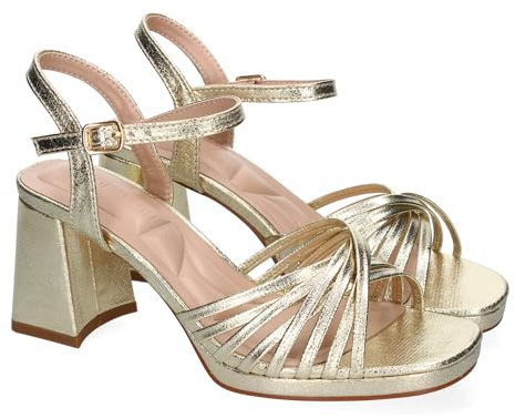 shoes&blues.es 90515 Sandalia de Tacon Ancho para Mujer, Comodo, Pala con Tiras Enredadas, y Cierre de Hebilla, Ideales para Primavera-Verano. Oro Talla 37