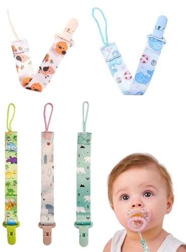 ZEXIJOW Attache Sucette Bébé,Lot de 5 attaches-tétines avec sangles en coton,Pacifier Clip Chain,Garde la Tétine Propre,Douce et Flexible,Durable–Haute Ténacité Pour Bébés Garçons et Filles