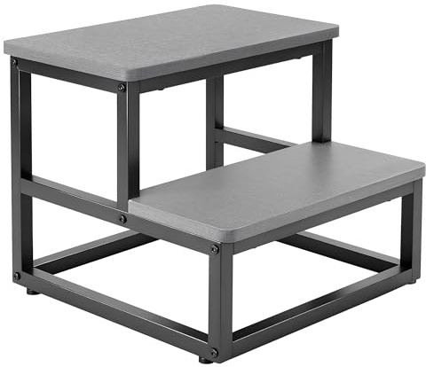 Step Stools for Adults Kids, Heavy Duty 2 Step Stool with 500 Lbs Capacity Non-Slip Feet and Rounded Edges Wooden Foot Stool for High Bed Kitchen Bathroom RV Outdoor (Grey)