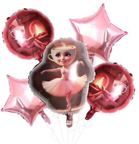 Brain Rot Foil Balloons 5 PCS Ballerina Cappuccina Pink Birthday Decorations BrainRot Birthday Decorations for Girls Kids Funny Brain Rot Party Decorations