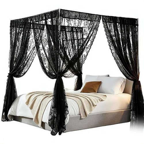Ensemble de rideaux à baldaquin en dentelle pour grand lit, rideaux à baldaquin de lit noirs doux et romantiques, décoration de chambre à coucher, sans tringle, composé de 20 cm, 99,1 x 200,7 cm