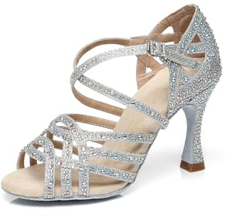 MINITOO Women's Ballroom Dance Shoes Glitter Rhinestones Salsa Latin Dancing Heels L357 Silver UK 6