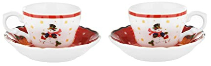 KASANOVA Set di tazze da caffè con pupazzo di neve in porcellana, 2 pezzi rosso