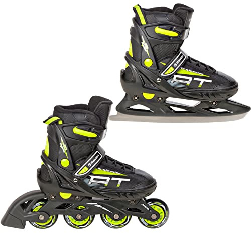 Raven - Pattini a rotelle per bambini, ragazze, adulti, bambini - Pattini a rotelle 2 in 1 con pattini da ghiaccio - Regolabili - Profession Black/Lime, 38-42 (25-27,5cm)