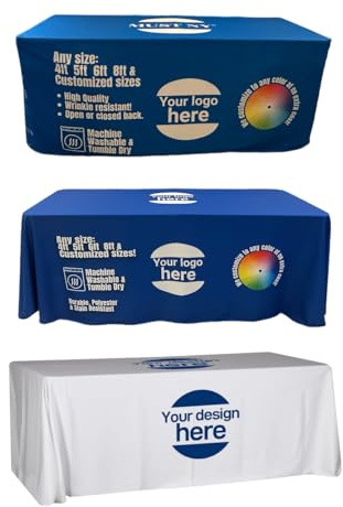 Personalized Customized with Logo Table Cloth 4FT 6 FT 8 FT Table for Tradeshow Events Birthday Wedding Anniversary Tradeshow Mantel Personalizado (8FT 30 x 96 x 30 Open Back)