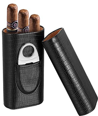 Xinzistar Zigarrenetui für 3 Zigarren Set, Leder Zigarren Etuis mit Zigarrenschneider, Tragbarer Humidor Zigarren für Reise Kurztrips (Schwarzer Streifen)