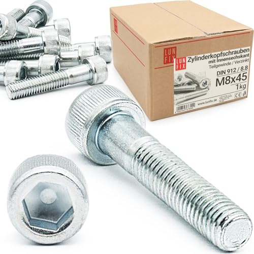 Lun Fix Tornillos de culata cilíndrica con hexágono interior, M 8 x 45 mm, rosca parcial, clase de resistencia 8,8, 1 kg, 40 unidades, acero galvanizado, rosca ISO métrica DIN 912, rosca derecha