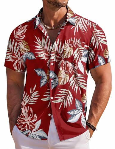 COOFANDY Mens Hawaiian Shirt Short Sleeve Button Down Shirt Summer Beach Shirt, Red - Tropical Leaf, Large
