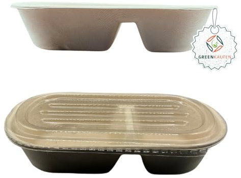 Greenkaufen 50 Stück 2-geteilte Bagasse Schalen 850 ml mit PET-Deckel – Bio To-Go Schalen aus Zuckerrohr – Kompostierbar, auslaufsicher, mikrowellengeeignet – Für Zuhause, Takeaway & Catering