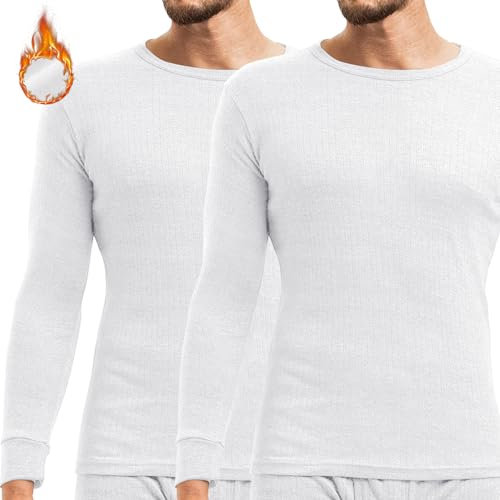 FIANA FASHIONS Mens Winter Warm Thermal Long Sleeve Top, Cotton Quick Drying Underwear Baselayers Suitable for Daily Use, S M L XL XXL Inner Wear Undershirt (Pack of 2) White