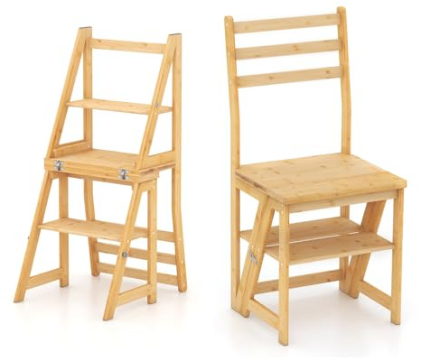 GIANTEX Stegstol, 3-stegs stegstege av bambu, 3-i-1 stegstol & stol och växtstativ, stegstege kan belastas upp till 150 kg