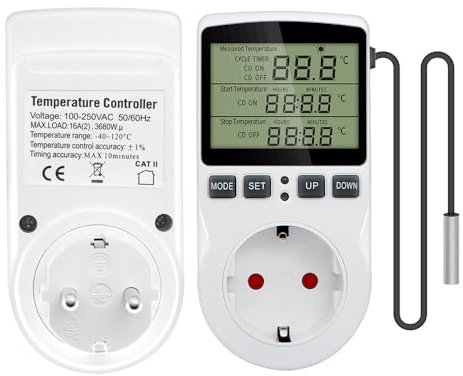 MZHOU Thermostat Steckdose Digitaler Temperaturregler mit Fühler Timer Heizung Kühlung Steckerthermostat Thermostate für Terrarien 16A 250V für Gewächshaus Terrarium Aquarium Reptilie.