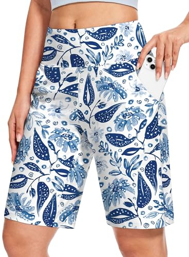Blouty Women's 9 Bermuda Long Shorts Knee Length with Pockets High Waisted Shorts for Women Lounge Walking Athletic (Blue Flower, X-Large)