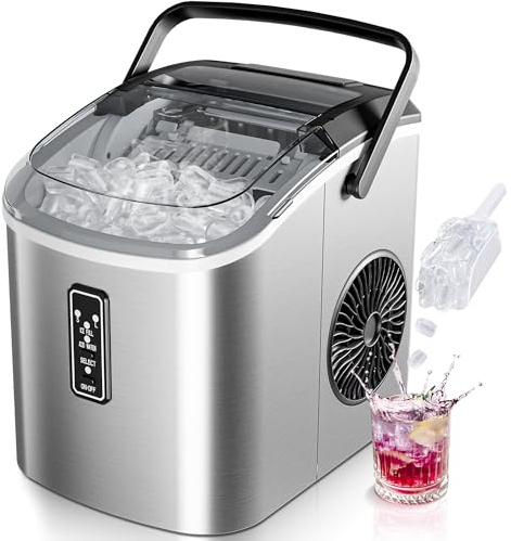 EUHOMY Macchina del Ghiaccio 12kg/24h, Macchina per il Ghiaccio Casa con 2 Dimensioni di Ghiaccio, Ice Maker Autopulente con 9 Cubetti in 6 Minuti, Paletta e Cestello Inclusi, Acciaio Inossidabile