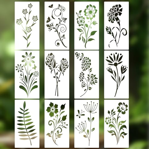 REEKNOKOL 12 Pcs Plants Stencils, Reusable Natural Plants Stencils for Painting, Floral Leaves Stencil, Openwork Drawing Stencil for DIY Art Crafts, Scrapbook, Wall Décor