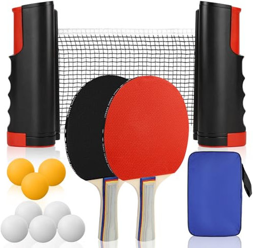 CHRI Tischtennis Set Tischtennisschläger Set mit Einziehbarem Netz 2 Tischtennisschläger 6 Tischtennis-Bälle Tragetasche Tischtennisnetz für Kinder Erwachsene Familien
