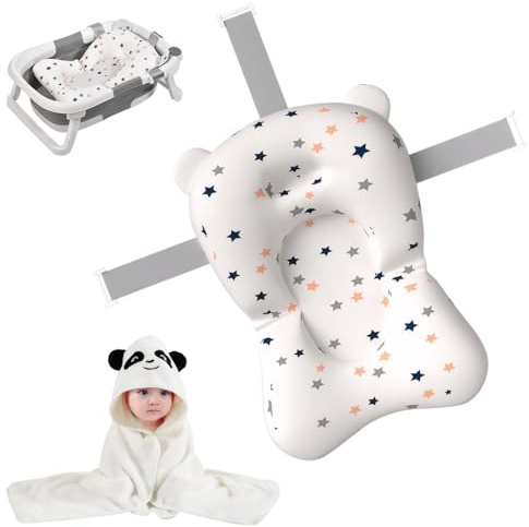 Cuscino da Bagno per Neonati,con Grazioso Asciugamano con Cappuccio,Accessori da Bagno per Neonati,Maschi e Femmine (Bianco)