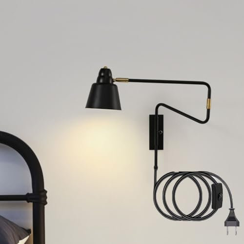 AoLa Vintage Vägglampa Inomhus med Strömbrytare och Kontakt Justerbar Metall Lång Arm med Kabel Vägglampor Svängbar Arm Sänglampa Justerbar skärm Väggspot E27 Industriell Sängbordslampa Svart