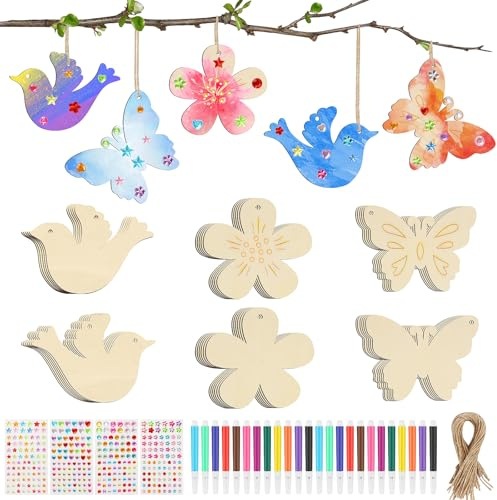 FICOFISE 36 Kits de Bricolage pour Enfants,Activités Manuelles Enfants,Loisir Creatif Papillon,Pendentif Bois a Peindre,Kit Activité Anniversaire,Fleur en Bois Decoration Oiseau avec 24 Aquarelle