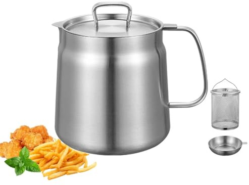 Stekgryta med korg, 2 l sil kastrull fritös, rostfritt stål oljefilterkruka för matlagning, stor kapacitet fettbehållare kastrull, oljestrainer gryta, fritös fettkanna för pommes frites, fisk