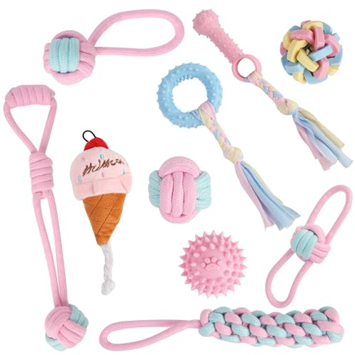 ALULIYO Puppy Toys - 10PC Puppy Teething Toys, Natural Cotton Dog Rope Toy & Squeaky Dog Toys, Durable Chew Toys for Small Dogs