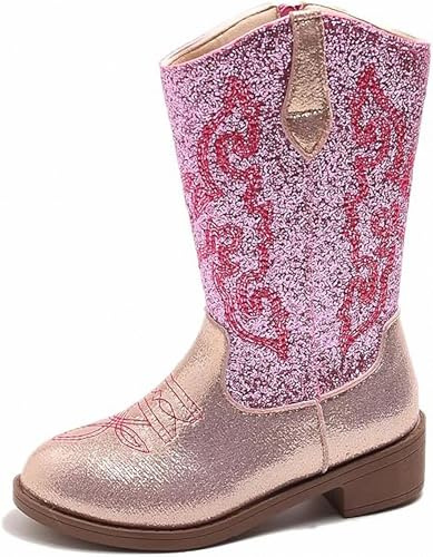 FQLGJMY Ragazze Cowgirl Stivano il Polpaccio Medio Tacco Ricamo Etnico Glitter Principessa Scarpe da Equino Primavera Autunno Inverno Per Bambini Unisex Party Cosplay Costume Ball