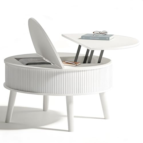 HULANAN Table Basse Ronde, Table de Salon avec Plateau Rabattable et Compartiment caché,79.8x79.8x45cm, Style Moderne, Blanche