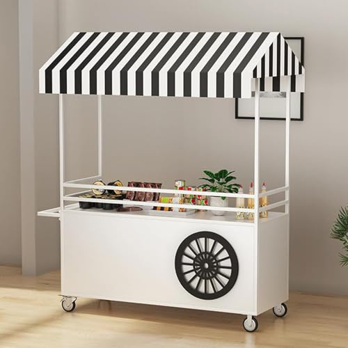 Carrello da esterno in ferro con tettoia parasole e scatola portaoggetti, espositore mobile per contadini, mercato, eventi in strada, manifestazioni, manifestazioni, bianco, 160 x 199,9 cm
