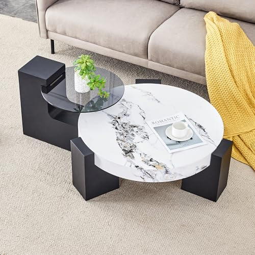 Bladez Mesa de centro con cristal de seguridad de 2 niveles, moderna mesa de salón con estructura de MDF en imitación de mármol blanco y negro, diseño minimalista, 90 x 70 x 44 cm (MDF + cristal