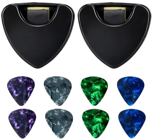 2Pcs Guitar Pick Holder with 8 Guitar Picks Self Adhesive Spring Loaded Pick Holder Case for Acoustic Electric Guitar Bass Ukulele, Celluloid Guitar Plectrums Set, Essential Guitar Accessories