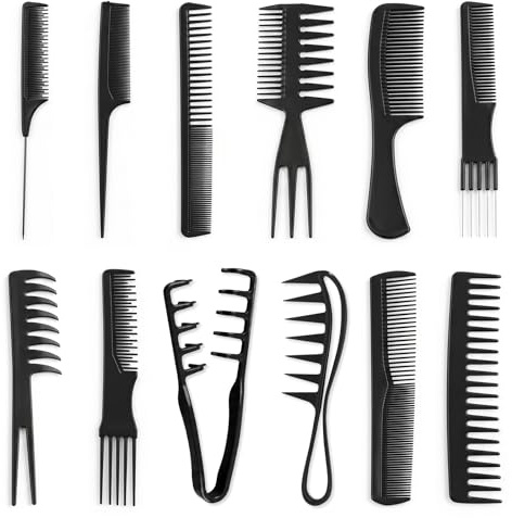 12 Stück Kamm Männer Styling Set,Styling Kamm, Stielkamm,lockenkamm,exture Comb, grobzinkigenKamm,toupierkamm,Comb breite zinken,für Frauen und Männer,Glätten, Kämmen, Frisieren(Schwarz)