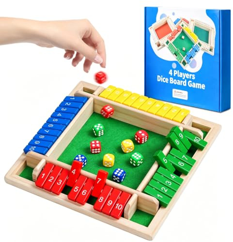 Sunshinestar Shut The Box 4-spelare, träbrädspel, tärningsspel av trä, hopfällbart brädespel, matematik, pedagogisk leksak från 7 8 9 10 år, för barn och vuxna, resespel, traditionella pubspel