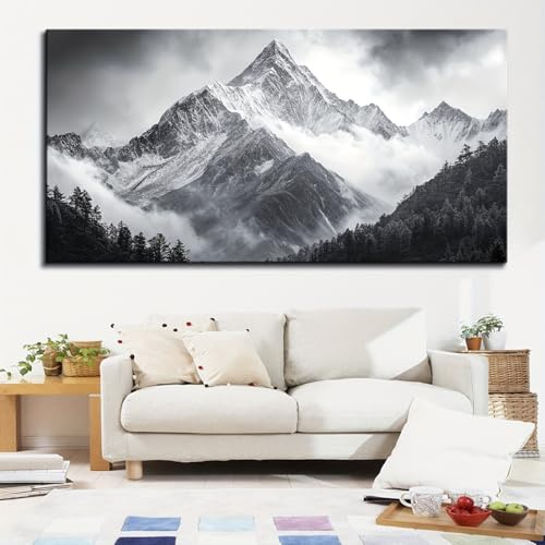 IHHGNB kanvasbild, svart-vit affisch med snölandskap i bergen, modernt minimalistiskt, naturinspirerat konstverk för vardagsrummet (40 x 80 cm (16 x 31 tum)/utan ram)